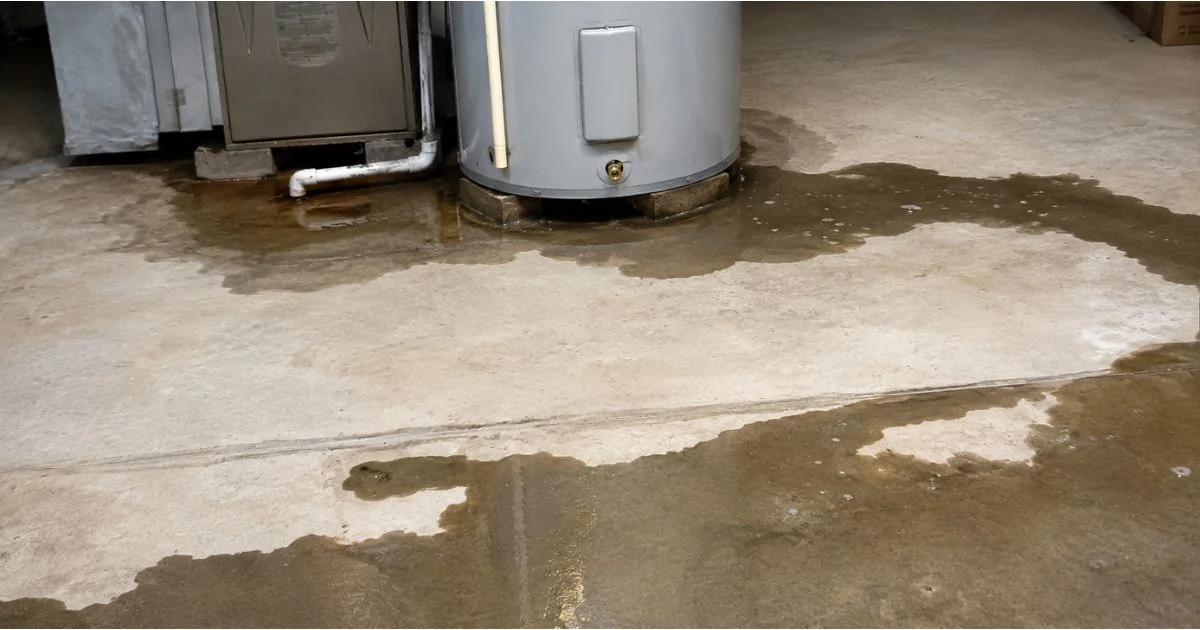 Water leaking from a basement water heater onto concrete floor.